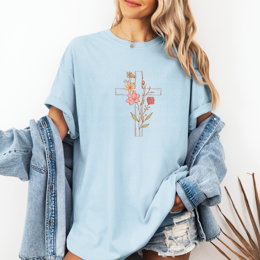 Floral Cross Comfort Colors Chambray