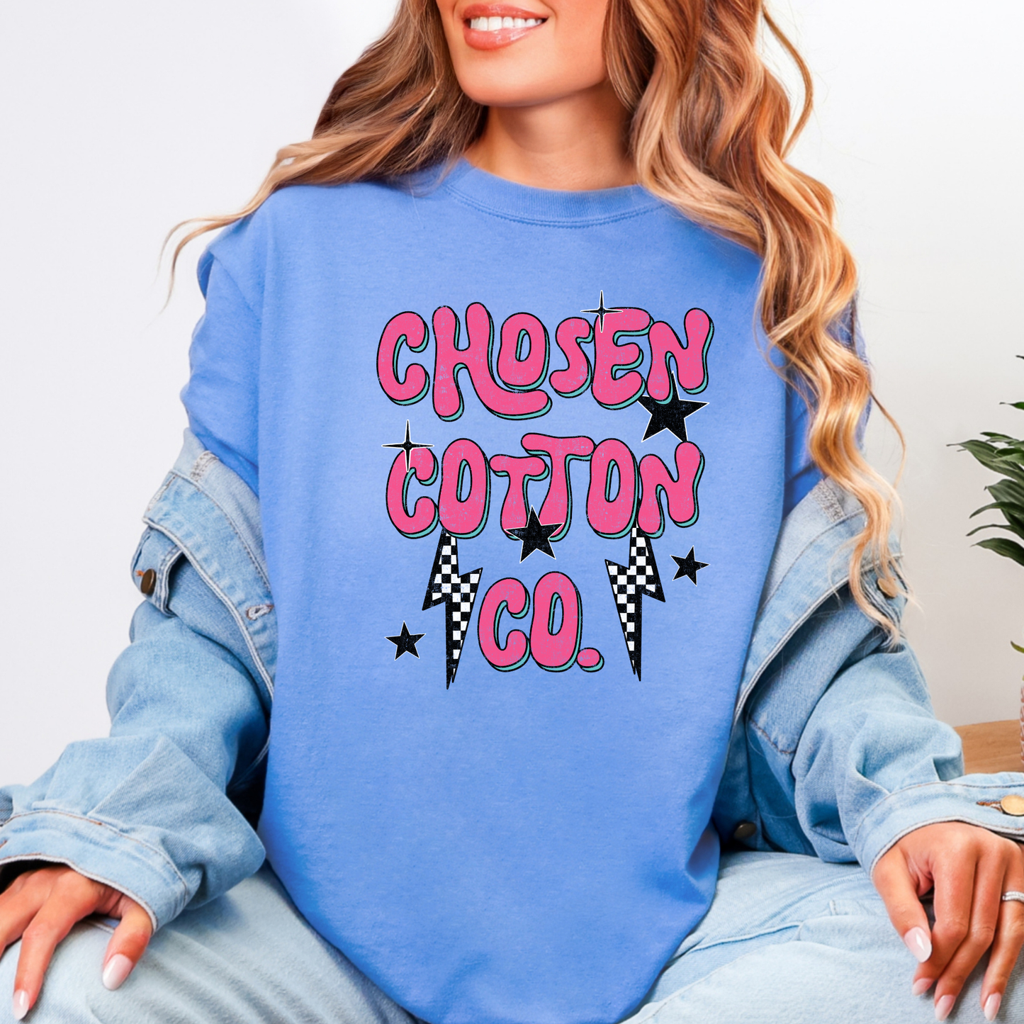 Chosen Cotton Checkered Bolt Comfort Colors Mystic Blue